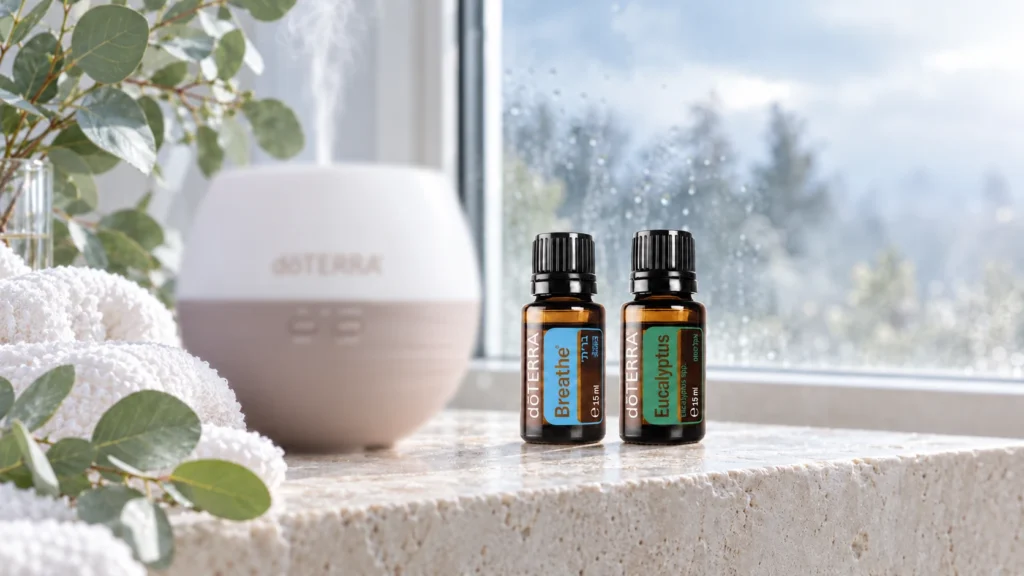 שמן ברית׳ ושמן אקליפטוס של doTERRA על אדן חלון עם דיפיוזר, מבצע 1+1