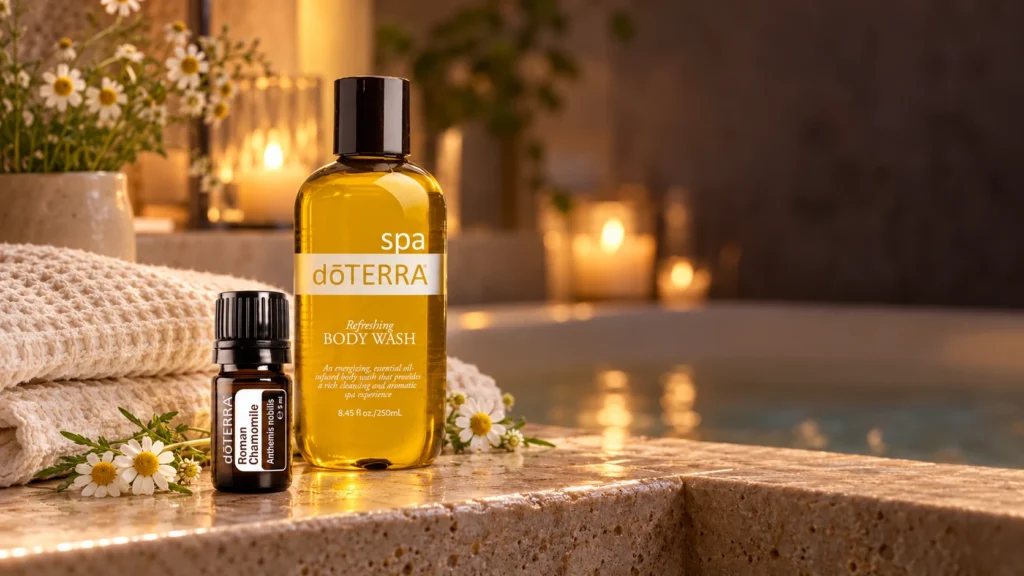 שמן קמומיל רומאי ותרחיץ גוף מרענן doTERRA SPA ליד אמבטיה עם נרות, מבצע 1+1