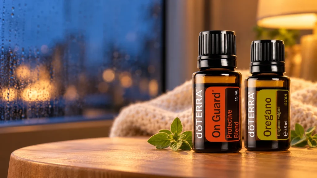 שמן און גארד ושמן אורגנו של doTERRA על שולחן עץ, מבצע 1+1