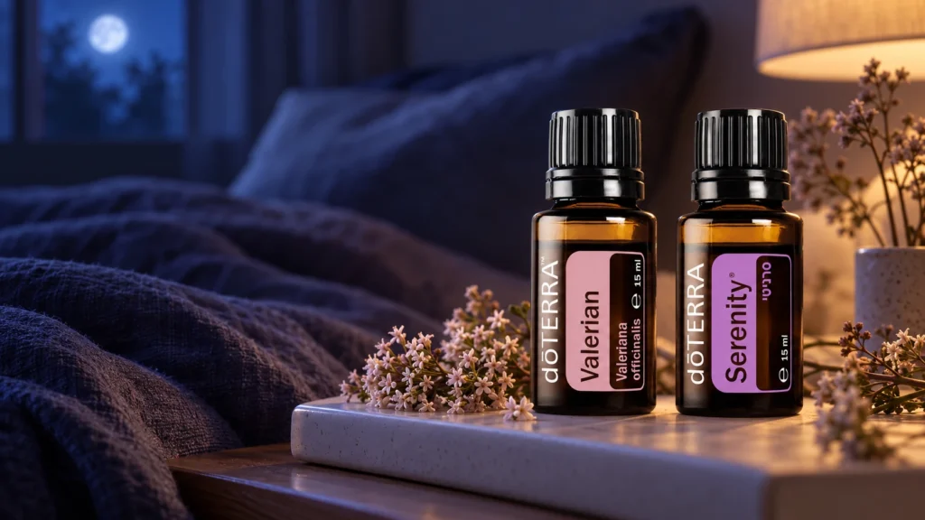 שמן ולריאן ושמן סרניטי של doTERRA על שידת לילה, מבצע 1+1